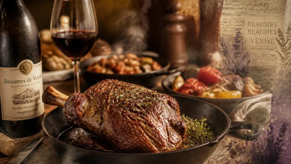 Accord mets vins beaume de venise rouge avec agneau confit, poivrons grillés et fromages