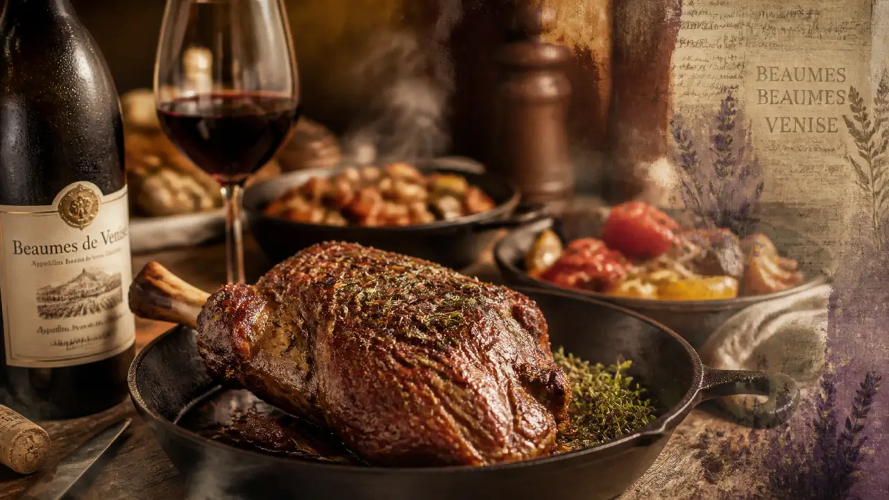Accord mets vins beaume de venise rouge avec agneau confit, poivrons grillés et fromages