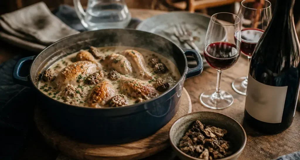 Accords mets vins beaujolais : poulet aux morilles en cocotte