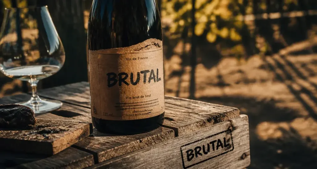 Brutal vin nature en bouteille sur caisse en bois