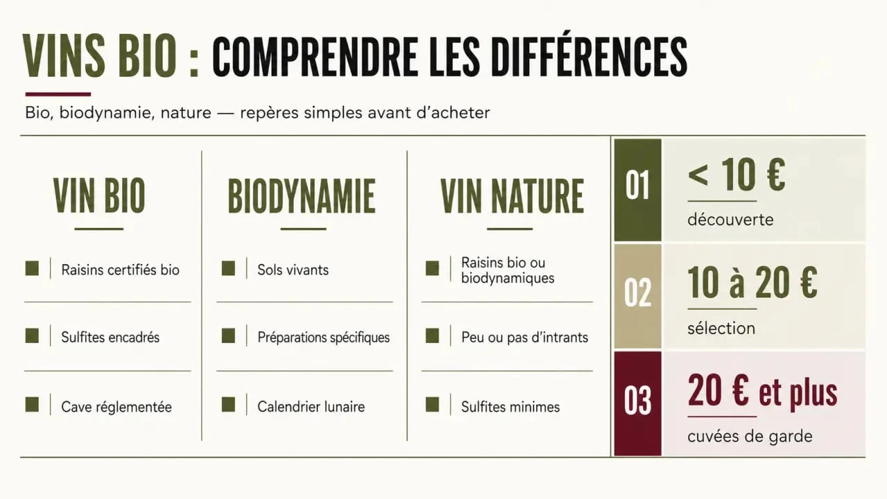 PN vins bio : guide visuel des différences entre vin bio, biodynamie, vin nature et budgets