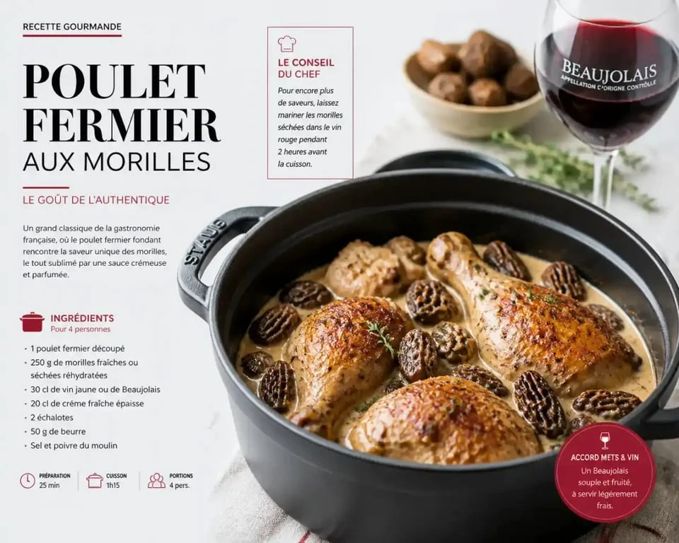 Accord mets et vins beaujolais avec un poulet fermier aux morilles