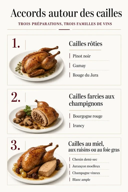 Quel vin servir avec des cailles : infographie des accords selon la recette et la sauce