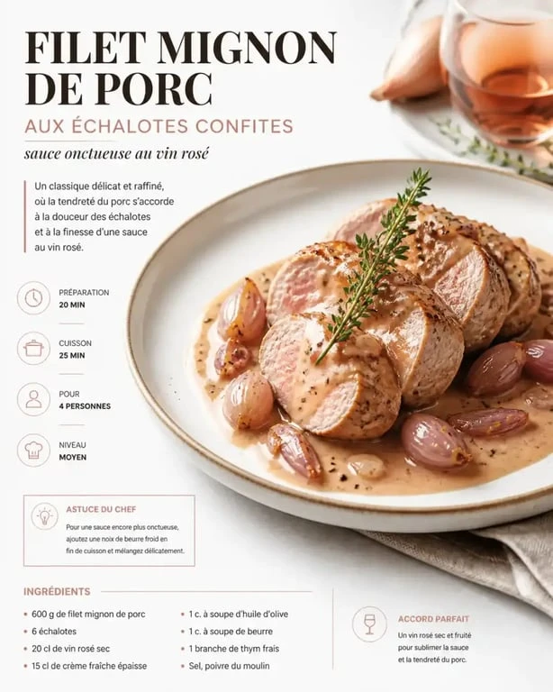 Filet mignon de porc au vin rosé et échalotes confites, une recette de viande raffinée et légère.