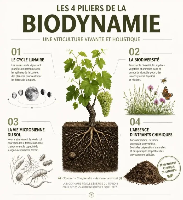 Infographie explicative sur la biodynamie appliquée au vin de Cahors et au Malbec