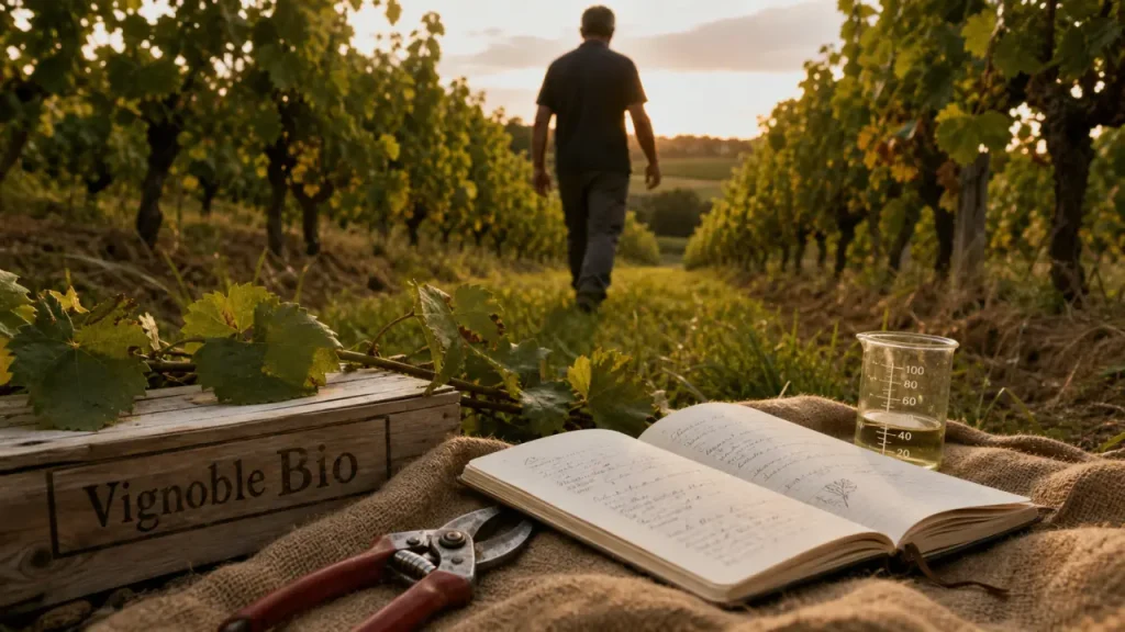 La route des vins bio : vignoble bio, carnet et sécateur dans les vignes