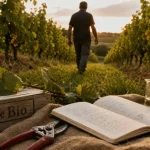 La route des vins bio : vignoble bio, carnet et sécateur dans les vignes