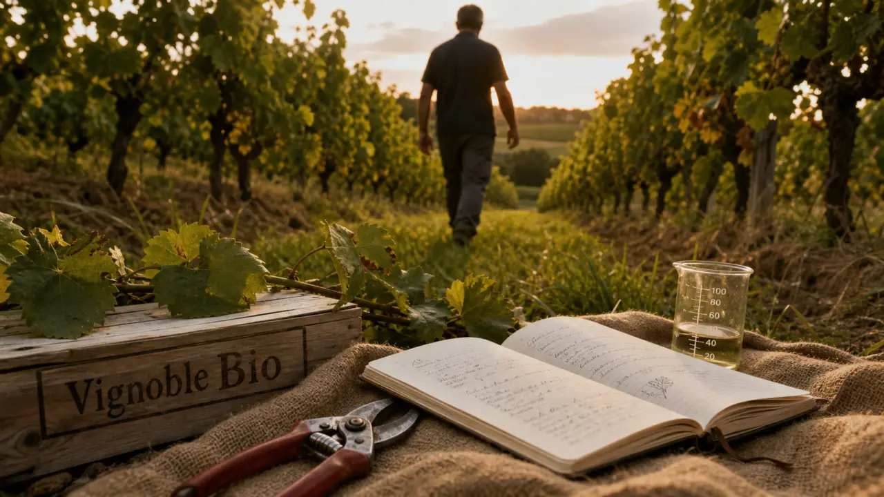 La route des vins bio : vignoble bio, carnet et sécateur dans les vignes