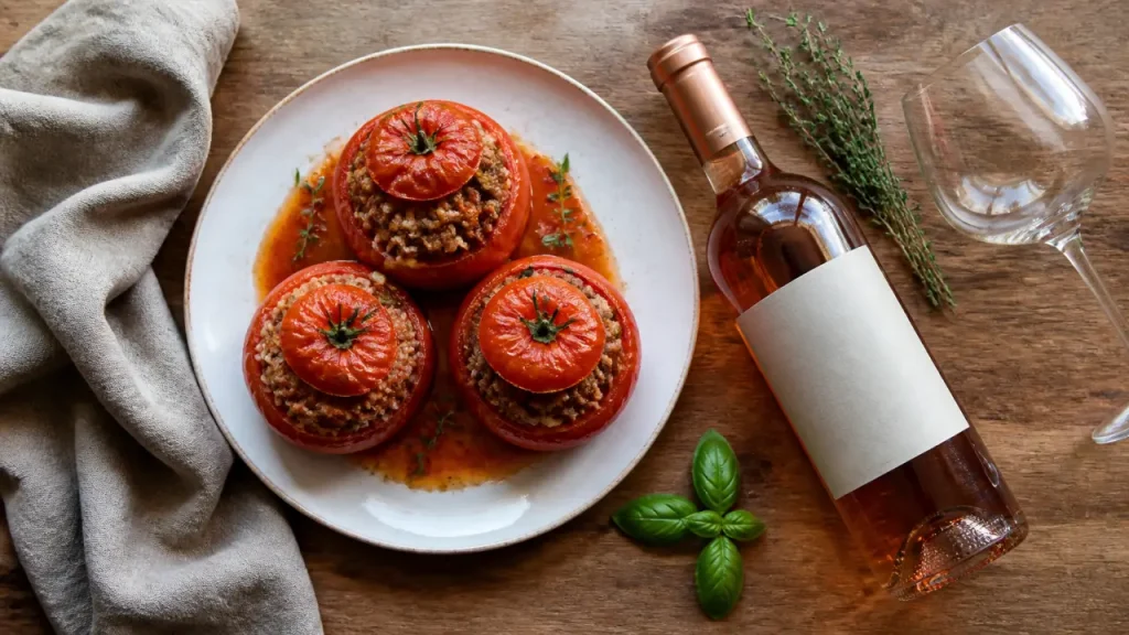 Quel vin servir avec des tomates farcies : tomates farcies et bouteille de rosé, rouge léger ou blanc souple