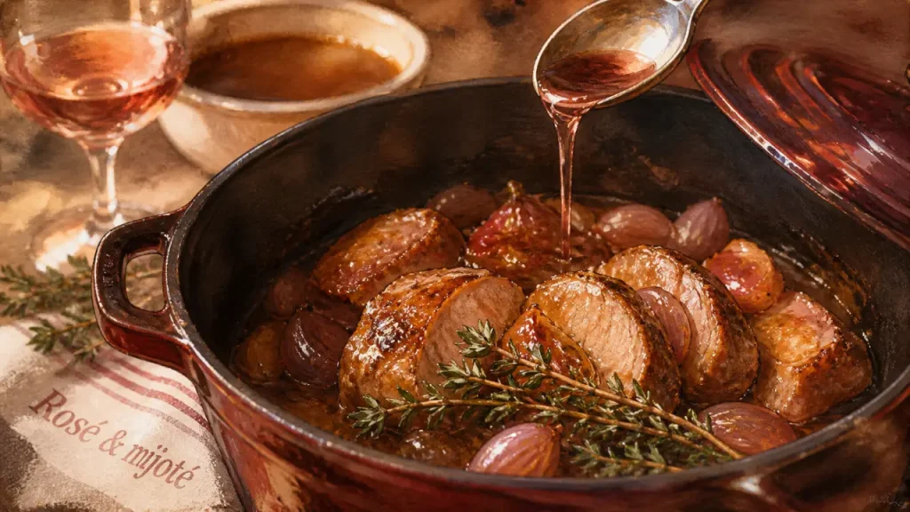 Recette viande avec vin rosé : porc mijoté en cocotte