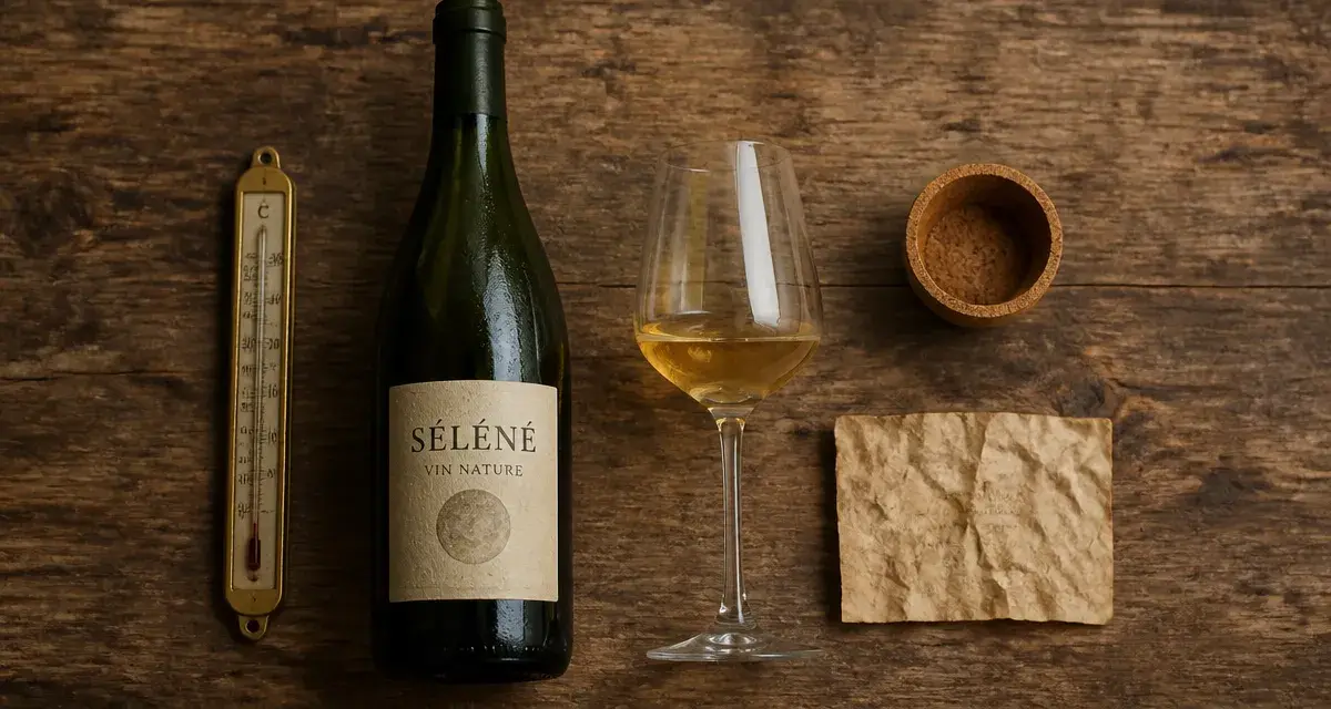 Selene vin nature : bouteille de vin nature et verre frais sur table
