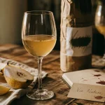 Soif vin nature : verre de vin nature trouble et bouteille culotée sur table en bois