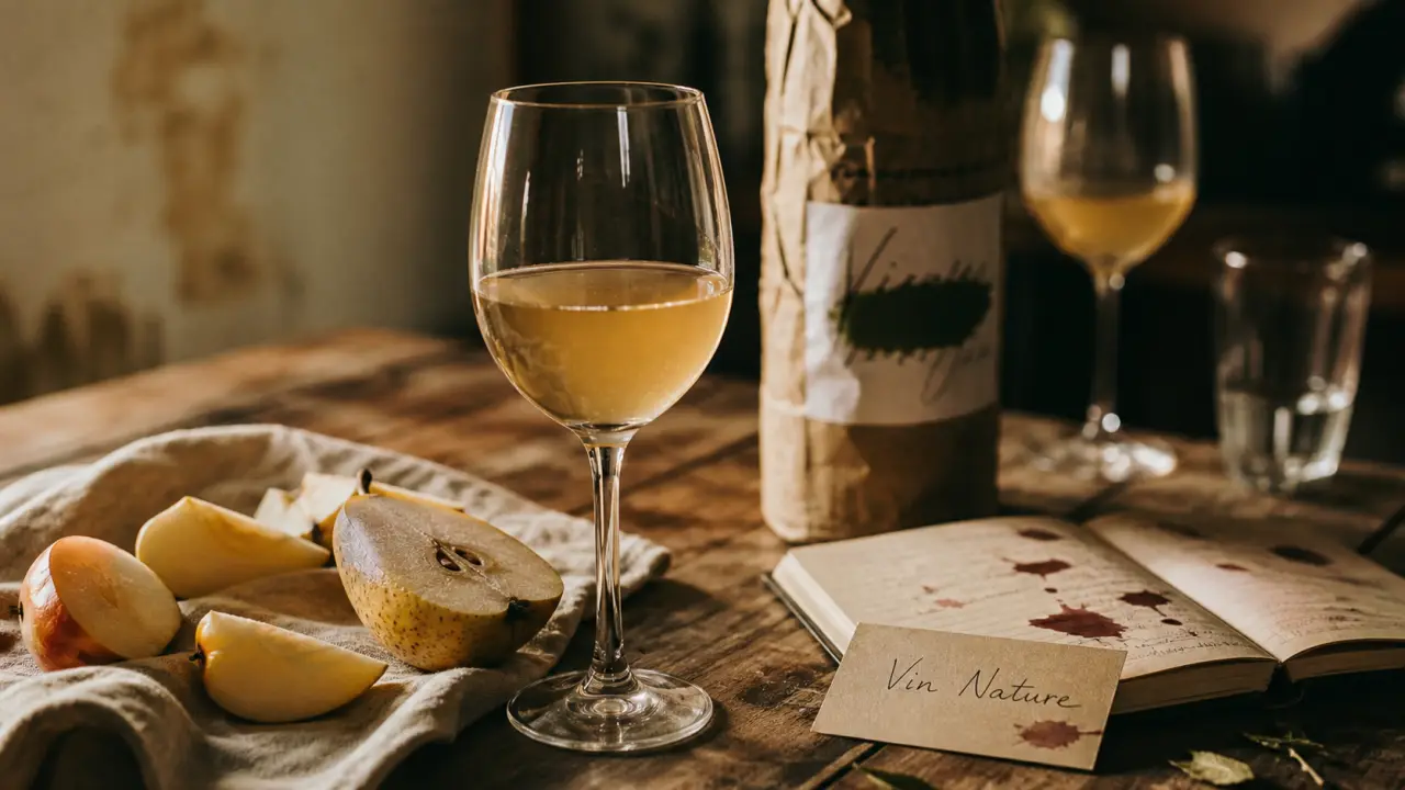 Soif vin nature : verre de vin nature trouble et bouteille culotée sur table en bois