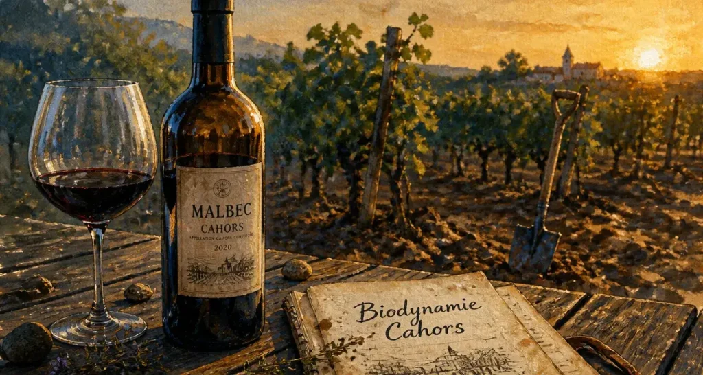 Vin Cahors biodynamie Malbec : bouteille et vigne de Cahors