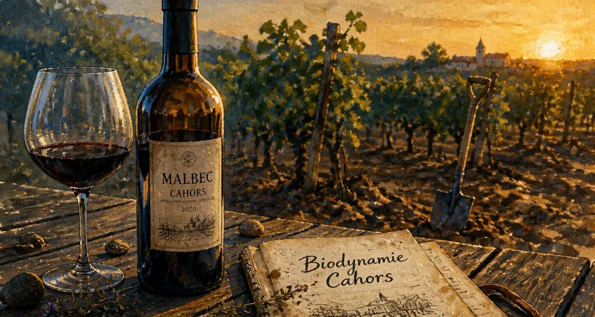 Vin Cahors biodynamie Malbec : bouteille et vigne de Cahors