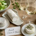 Vin avec fromage de chèvre et blanc sec, assortiment de chèvre sur table