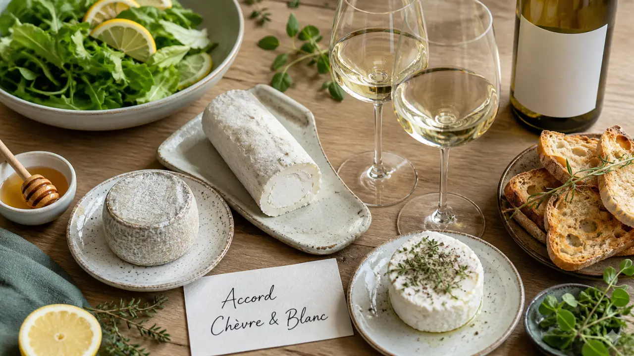 Vin avec fromage de chèvre et blanc sec, assortiment de chèvre sur table
