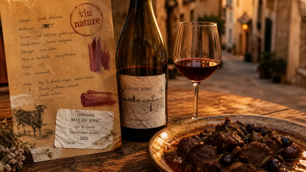 Vin nature arles : bouteille trouble et assiette de gardiane, guide accords de crus