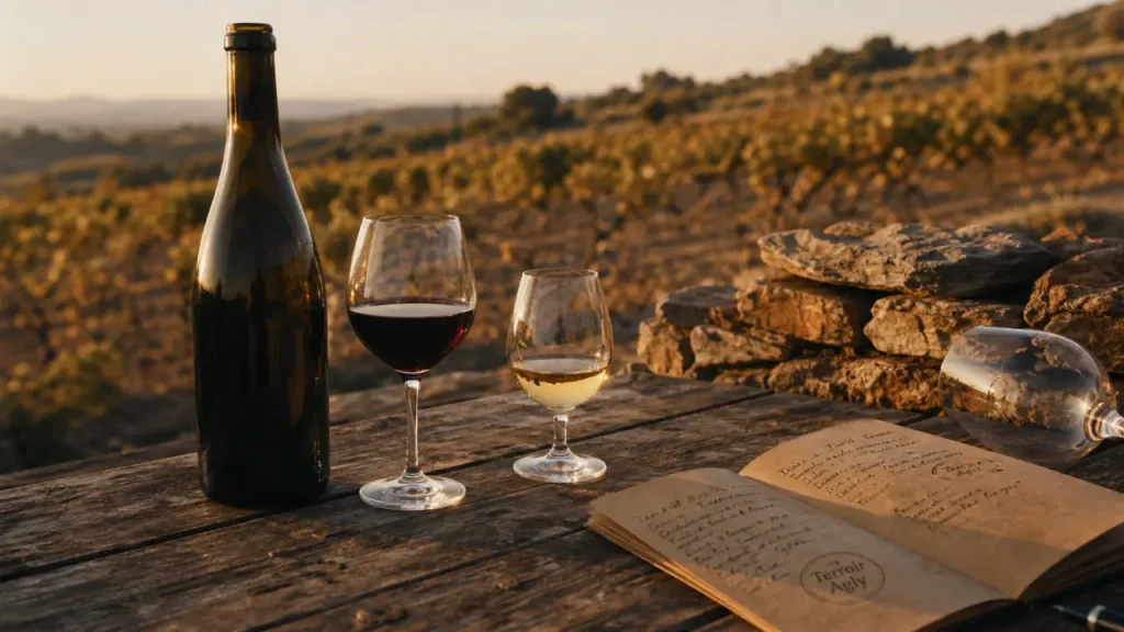 Vins de l’agly bio sur schistes : bouteille, verre rouge et blanc, vignobles d’altitude