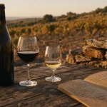 Vins de l’agly bio sur schistes : bouteille, verre rouge et blanc, vignobles d’altitude