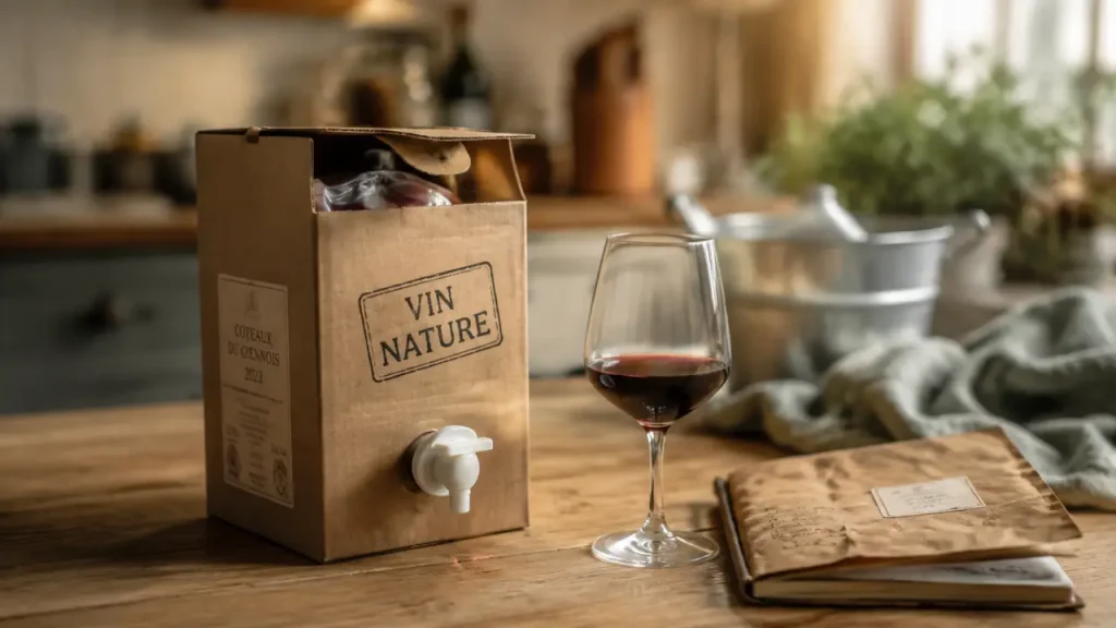 Bib vin nature ouvert, verre et carnet pour la conservation