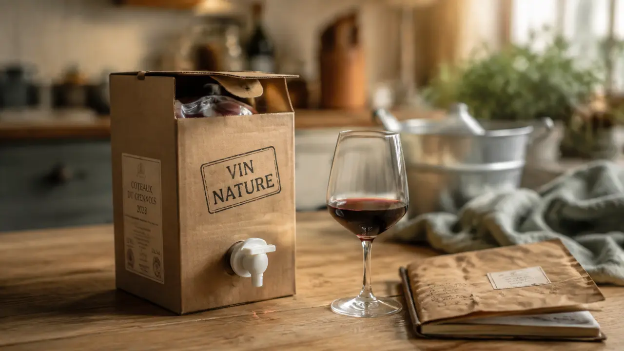 Bib vin nature ouvert, verre et carnet pour la conservation