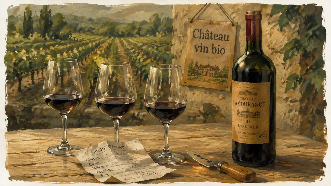 Chateau vin bio bordeaux : bouteille et étiquette BIO sur table