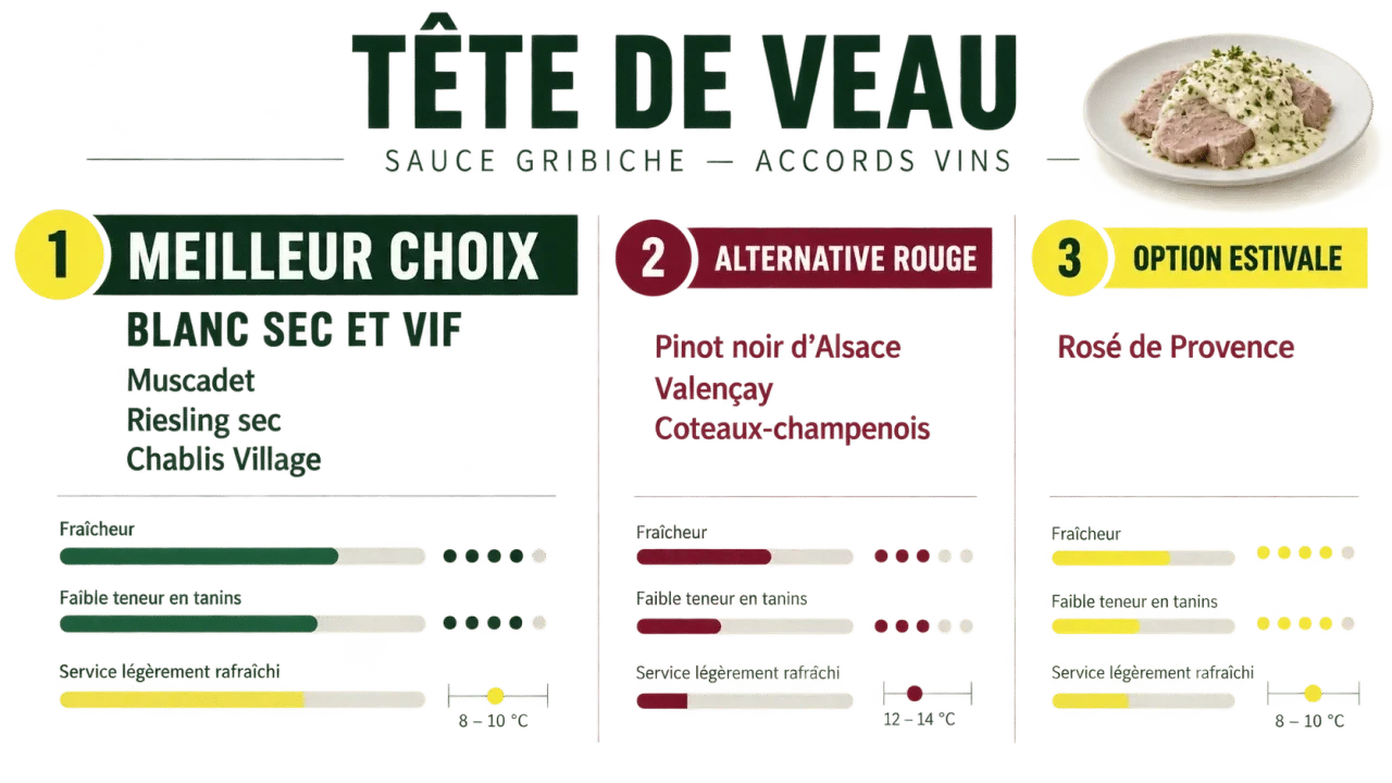 Infographie sur quel vin servir avec une tête de veau sauce gribiche : blanc sec, rouge léger ou rosé