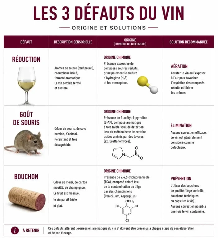 Tableau comparatif des défauts du vin nature : réduction, goût de souris et bouchon