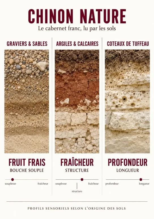 Infographie sur les profils d’un vin nature de Chinon selon les types de sols
