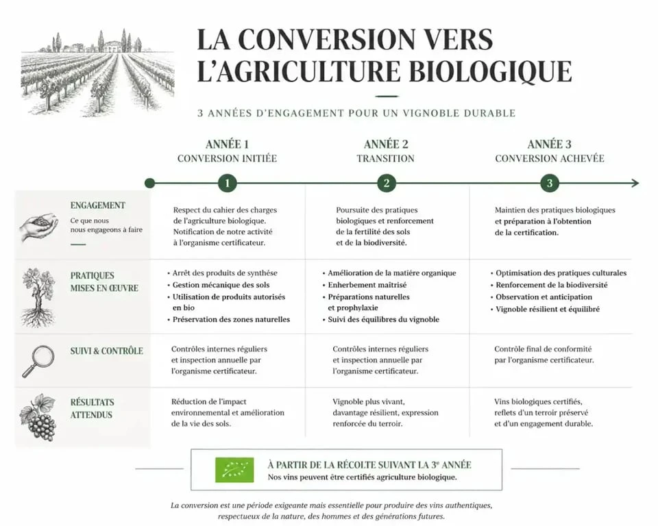 Processus de conversion vers le cahier des charges vin bio sur 3 ans
