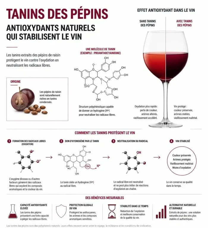 Infographie sur l'action antioxydante des tanins de pépins dans le vin nature