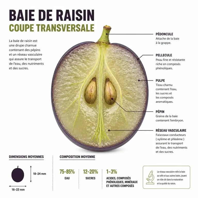 Schéma anatomique d'un grain de raisin illustrant le rôle du pépin dans le vin nature