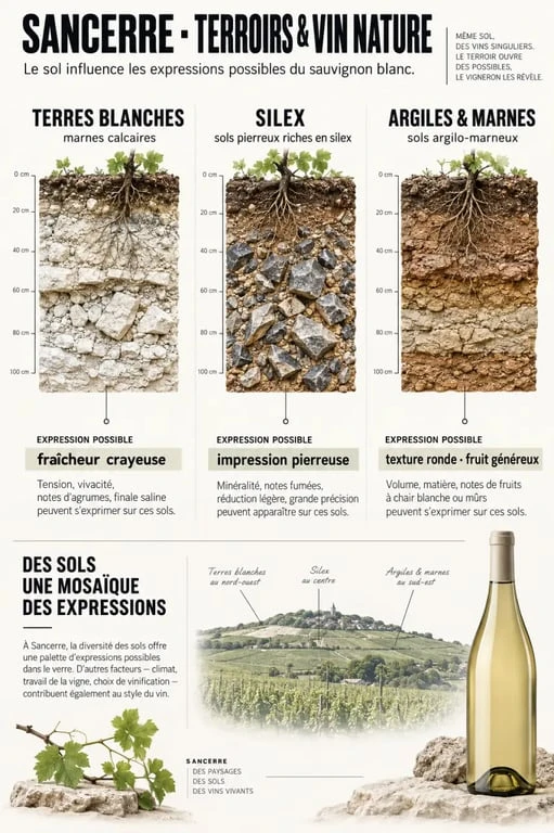 Infographie sur les terroirs du vin nature à Sancerre et l’expression des différents sols