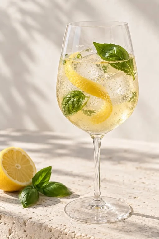 Splash vin nature blanc au citron et basilic servi avec des glaçons