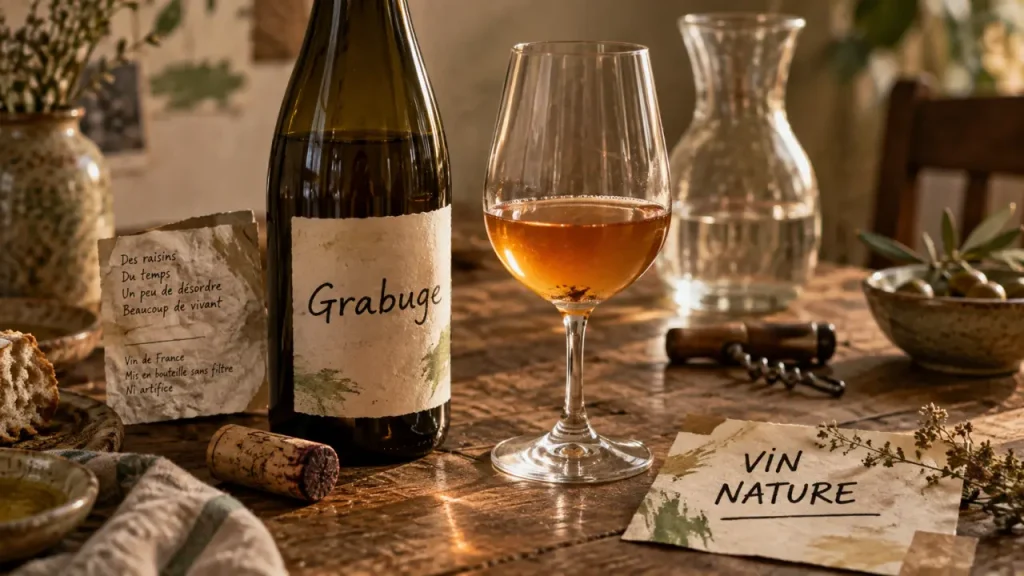 Grabuge vin nature : bouteille et verre, dépôt visible