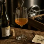 Jeff Carrel vin nature : établi de chai, bouteille et verre de vin ambré