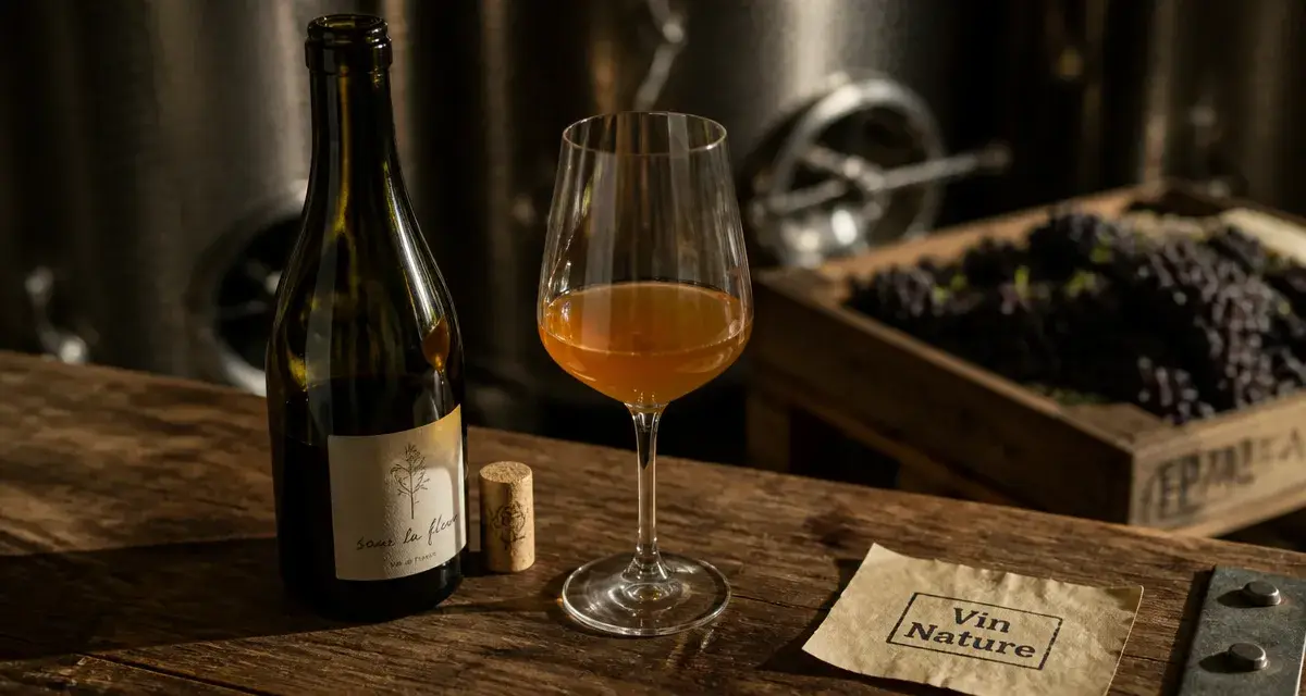 Jeff Carrel vin nature : établi de chai, bouteille et verre de vin ambré