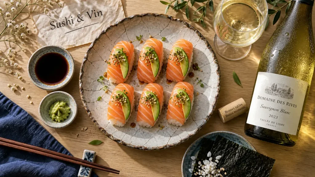 Quel vin servir avec des sushis : blanc sec frais avec nigiris saumon et avocat