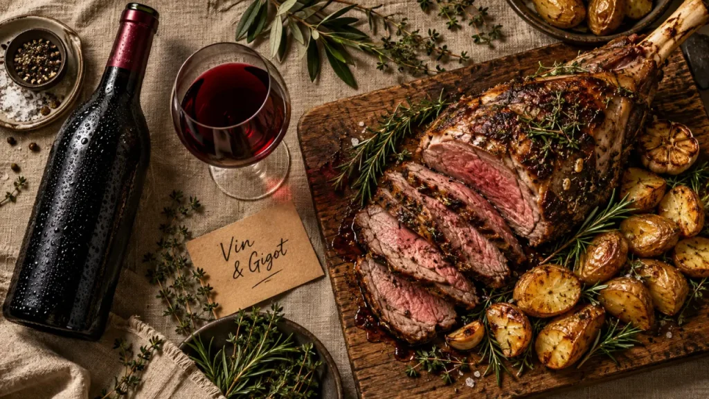 Quel vin servir avec le gigot d'agneau : bouteille rouge et gigot rôti aux herbes