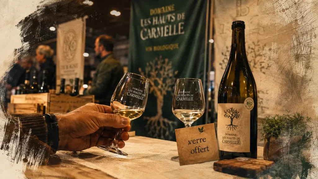 Salon des vins bio ambierle : verres et bouteille de vin bio à déguster