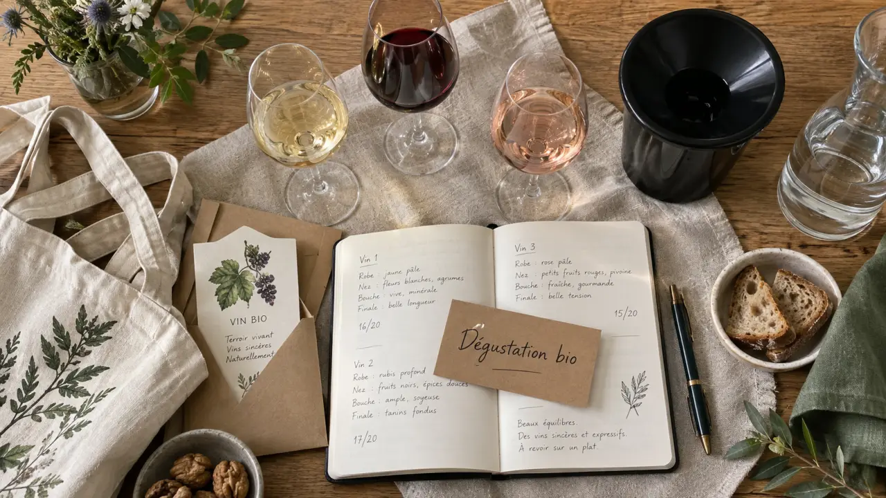 Salon vin bio Montpellier : dégustation de vin bio sur table, sans achat impulsif