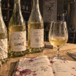 Vin nature sancerre : bouteilles de vin blanc en cave, style gouache