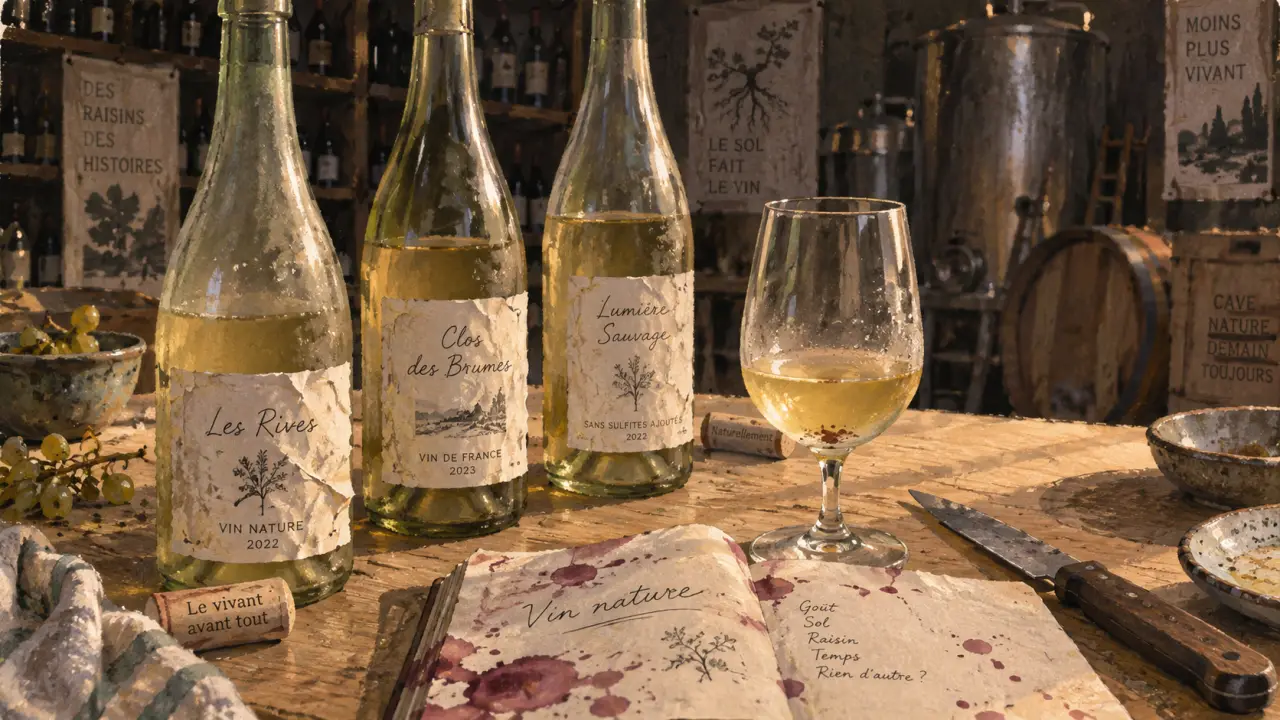 Vin nature sancerre : bouteilles de vin blanc en cave, style gouache