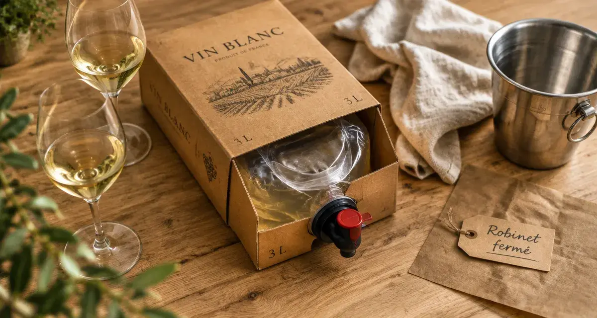 Bag in box vin avec robinet fermé, vin ouvert protégé