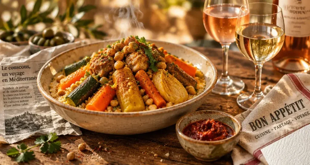 Couscous et vin avec harissa rouge et verre de vin