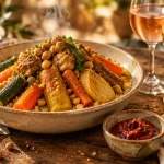 Couscous et vin avec harissa rouge et verre de vin
