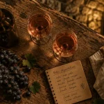 Domaine Vigne vin bio en Ardèche, organic wine : bouteille, verres et raisin