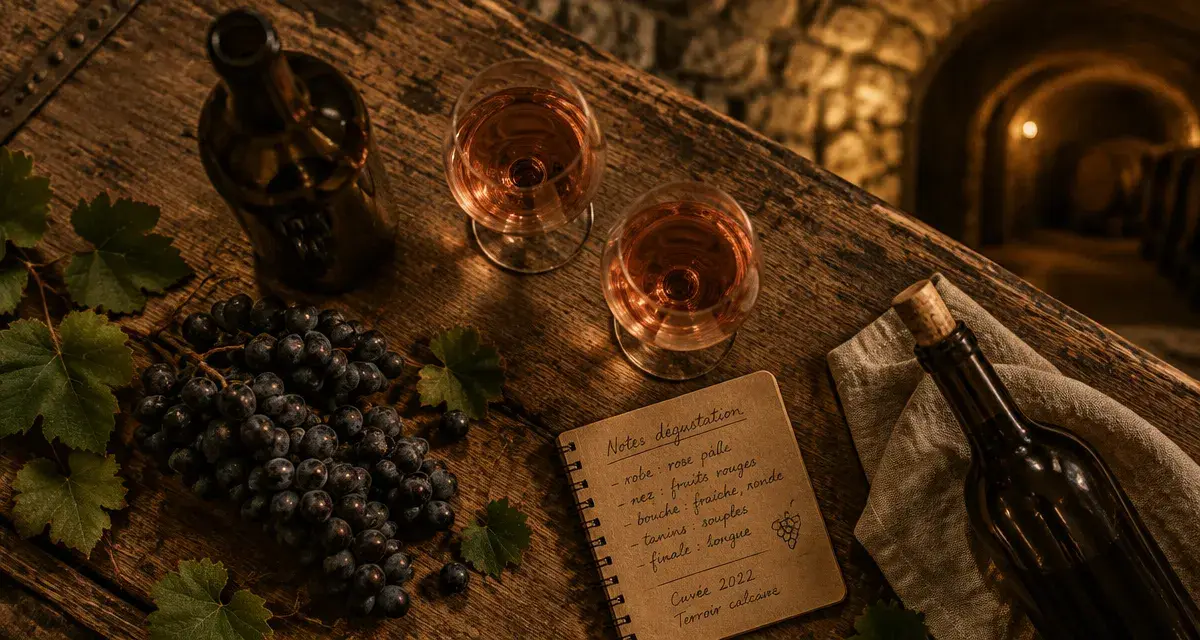 Domaine Vigne vin bio en Ardèche, organic wine : bouteille, verres et raisin