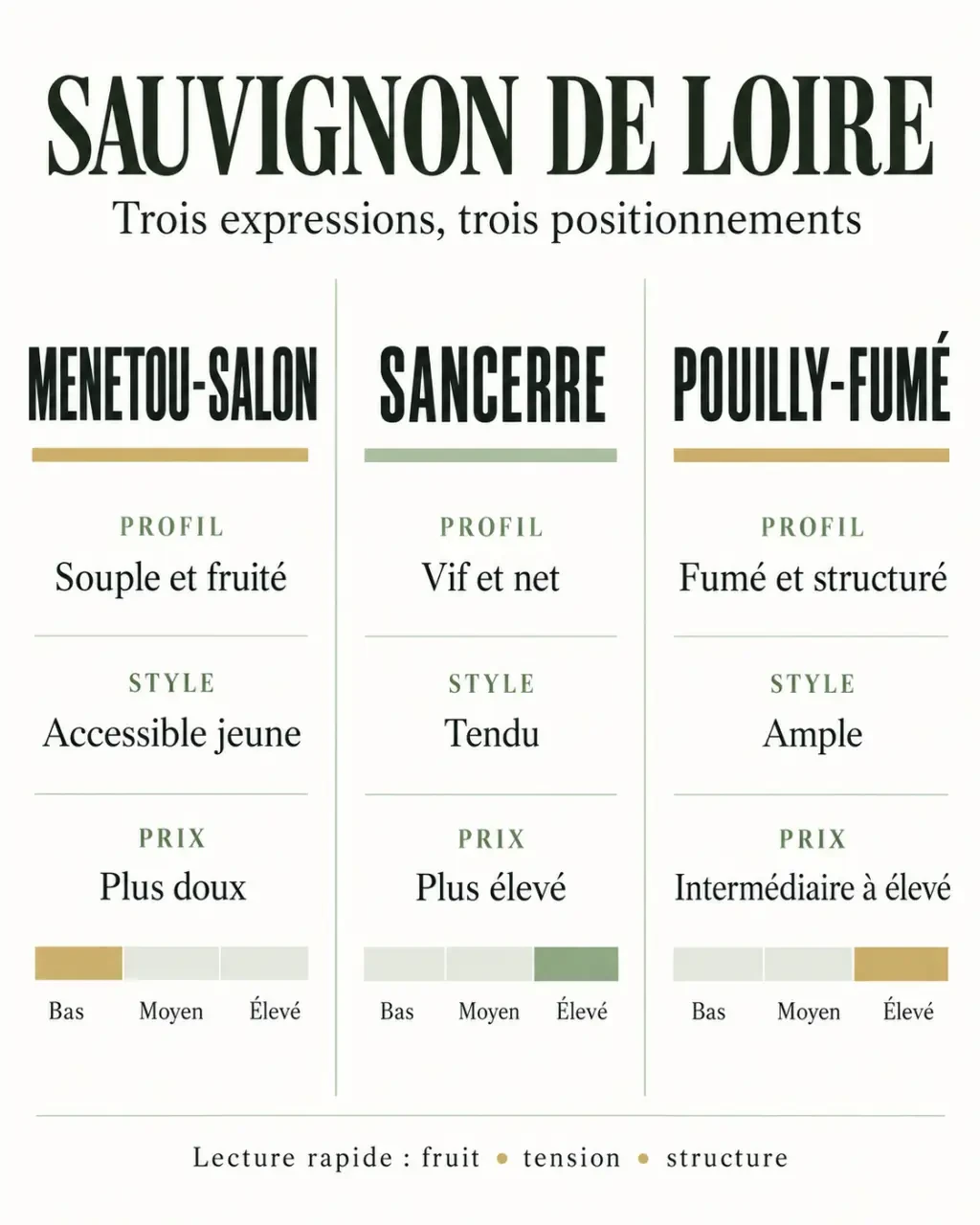 Comparaison visuelle du menetou salon blanc avec le Sancerre et le Pouilly-Fumé : profil, style et positionnement prix
